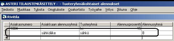 Esimerkiksi jos asiakas 1004 saa kaikista lvi-tuoteryhmän tuotteista 15 prosentin alennuksen,