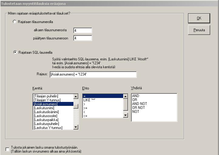 28/92 KÄYTTÖOHJE Asteri Tilaustenkäsittely 3.15.1 Valitut tilaukset katseltaviksi kuvaruudulle Jos haluat kuvaruudulle jonkin rajatun joukon tilauksia katseltaviksi, esim.