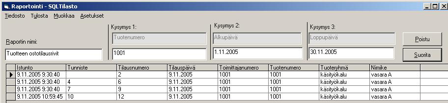 52/92 KÄYTTÖOHJE Asteri Tilaustenkäsittely Valitse sopiva tuote syöttämällä tuotenumero tai nimen osa ja painamalla ENTER tai Hae. Syötä ajanjakson alkamis- ja päättymispäivä.