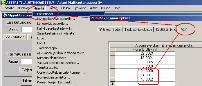 Asteri Tilaustenkäsittely KÄYTTÖOHJE 81/92 11 ARVONLISÄVERON MUUTTAMINEN Arvonlisäverokannan muuttuessa tilaustenkäsittelyohjelman perustietoihin tulee määritellä uusi arvonlisäverokanta.