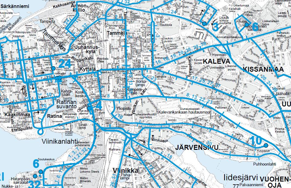 9 Kuva 4. Tampereen joukkoliikenteen 2010-2011 linjastokartta (Tampereen joukkoliikenne 2010).