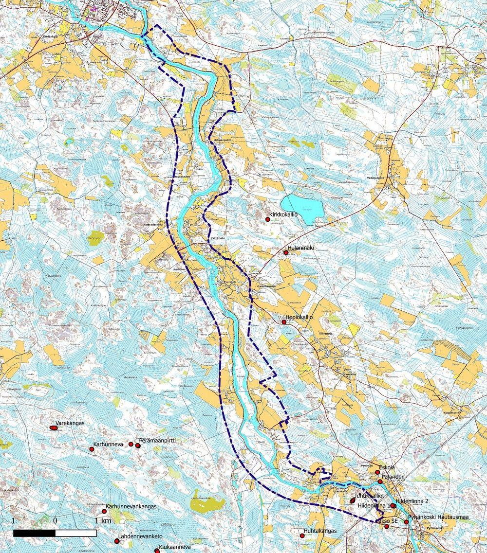 4 Tunnetut arkeologiset kohteet punaisina ympyröinä, lähtötiedot Museoviraston Kulttuuriympäristön palveluikkunan mukaan. 2.