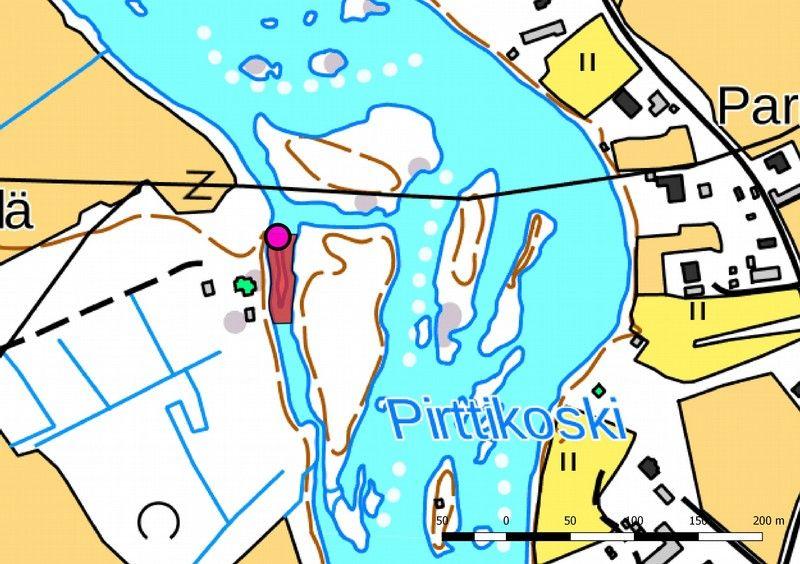 40 Pirttikoski, rajaus punaisena ja kohdekoordinaatit punaisena ympyränä. 28.