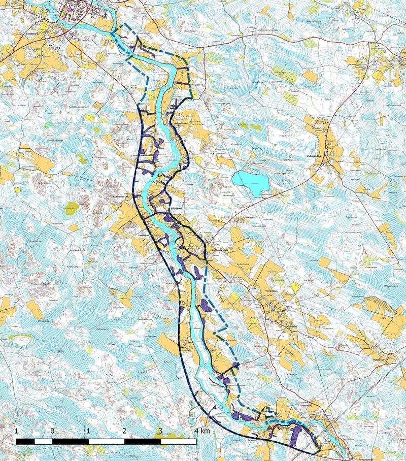 5 Inventoidut alueet violettina. 3. Maisema topografia ja geologia Kohdealue sijaitsee n. 1,5-14,5 km Pyhäjoen keskustasta etelään molemmin puolin Pyhäjokea.