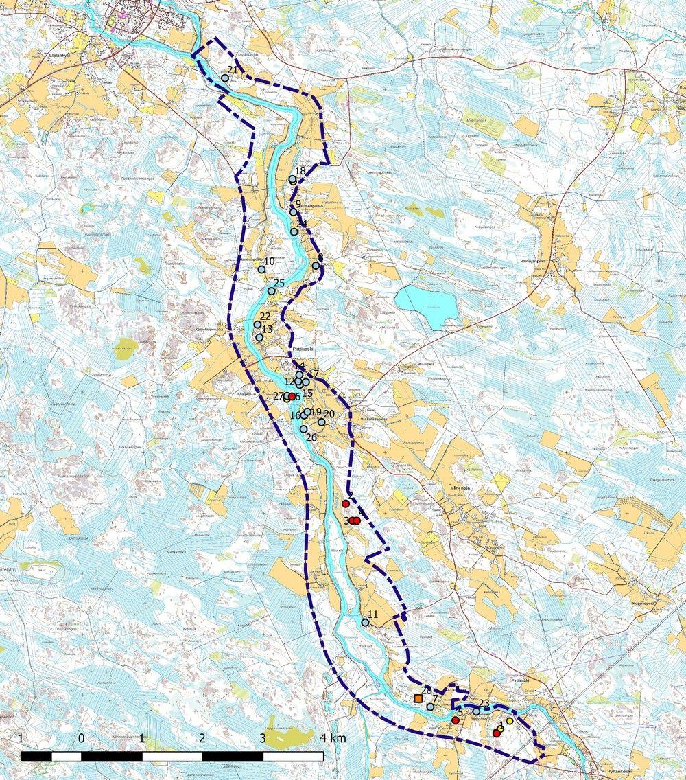 9 6. Yleiskartta Muinaisjäännökset 1-5 ja mahdollinen muinaisjäännös kohde nro 6 punaisena ympyränä,