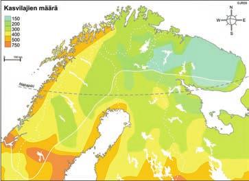 Saamelaisalueen luonto ja sen muutokset Kuva 2. Kasvilajien määrä vähenee kohti pohjoista. vuorokautta.