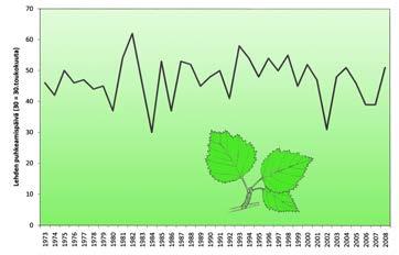 Saamelaisalueen luonto ja sen muutokset Kuva 6. Tunturikoivun lehtiminen eli hiirenkorvalle tulo Kilpisjärvellä vuosina 1973 2008 (Antero Järvisen keräämä aineisto). Aikaisinta lehtiminen oli 30.