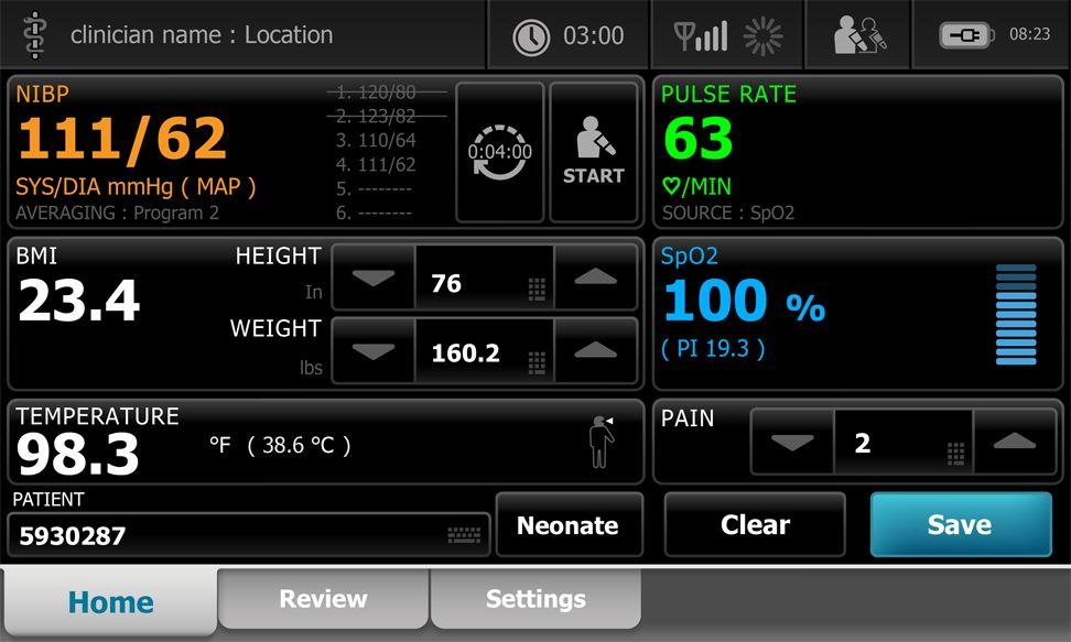 34 Käynnistys Connex Spot -monitori NIBP Pulse rate (Pulssi) Temperature (Lämpötila) SpO2 BMI Height (Pituus), Weight (Paino), Pain (Kipu) USB- ja Langattomalla Bluetooth -toiminto Intervals