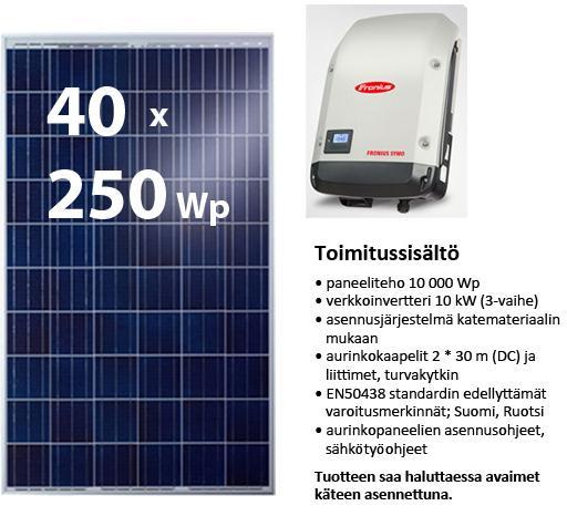 17 3.2.1 Aurinkopaneelit Kaavalla 3 paneelien nimellistehoksi saadaan 9,8 kwp 30 vuoden pitoajalle. Järjestelmäksi sopii esimerkiksi Finnwindin E10.4 järjestelmä, jonka nimellisteho on 10,4 kwp.