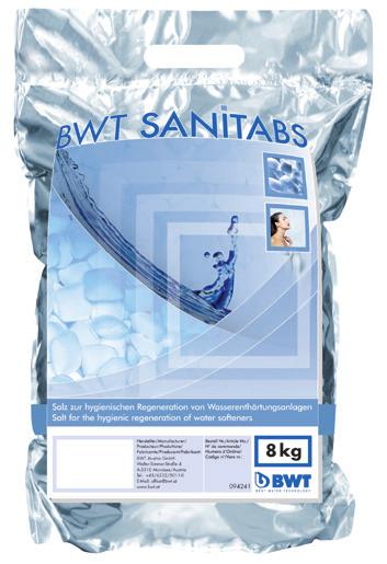 BWT Sanitabs desinfiointityynyt perinteisen elvytyssuolan rinnalle Vedenpehmentimien hygieeniseen regenerointiin SANITABS sanitointisuolatabletteja käytetään kun halutaan varmistaa vedenpehmentimen