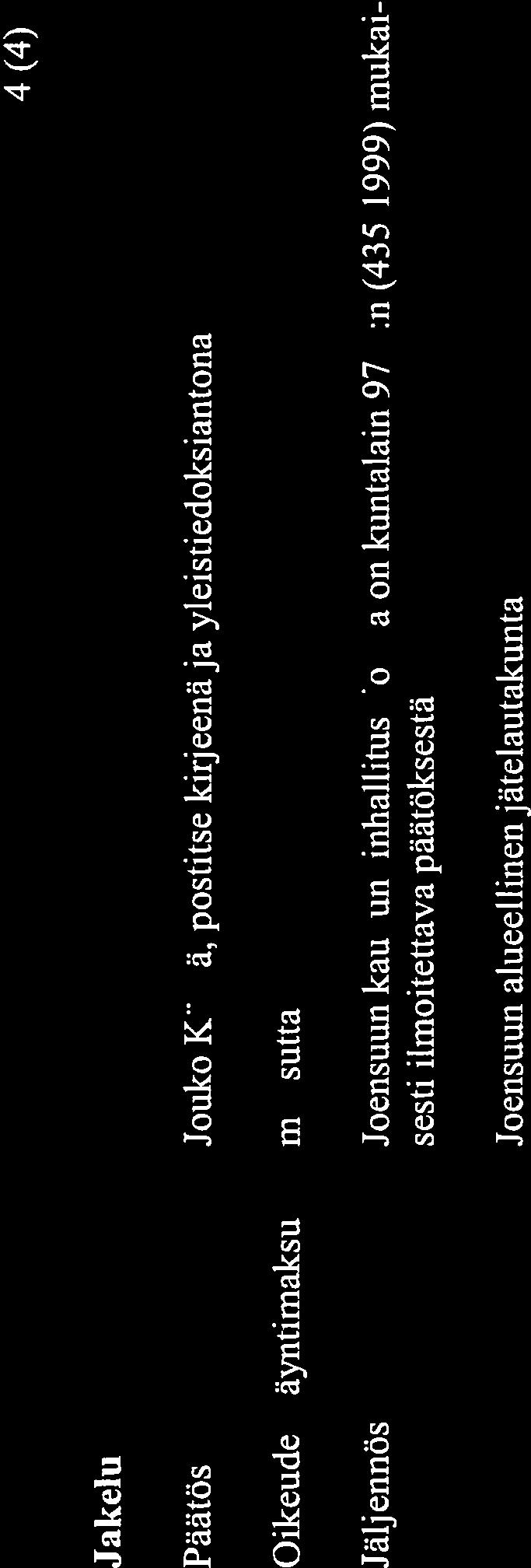 4 (4) Jakelu Päätös Oikeudenkäyntimaksu Jäljennös Jouko Kärnä, postitse kirj eenä ja yleistiedoksiantona maksutta