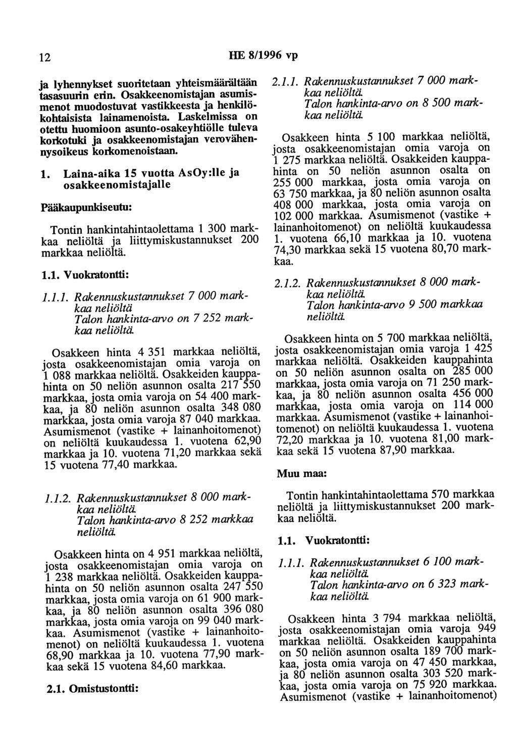 12 HE 8/1996 vp ja lyhennykset suoritetaan yhteismääräitään tasasuurin erin. Osakkeenomistajan asumismenot muodostuvat vastikkeesta ja henkilökohtaisista lainamenoista.