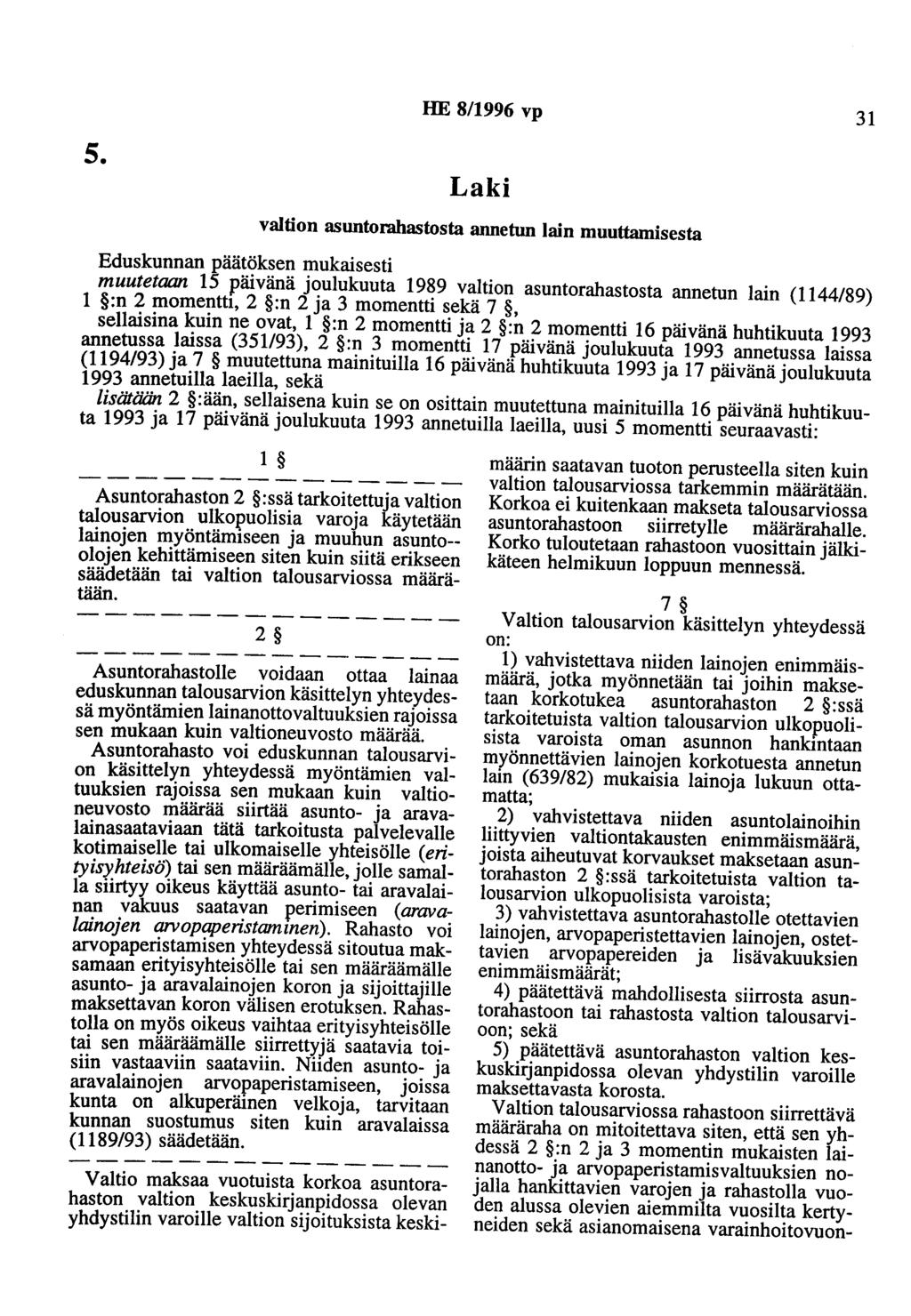 5. HE 8/1996 vp 31 Laki valtion asuntorahastosta annetun lain muuttamisesta Eduskunnan päätöksen mukaisesti muutetaan 15 päivänä joulukuuta 1989 valtion asuntorahastosta annetun lain (1144/89) 1 :n 2