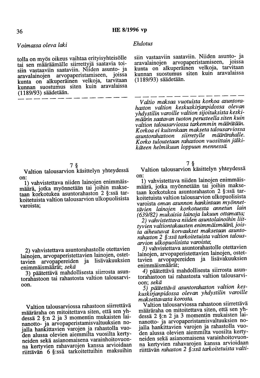 36 HE 8/1996 vp Voimassa oleva laki tolla on myös oikeus vaihtaa erityisyhteisölle tai sen määräämälle siirrettyjä saatavia toisiin vastaaviin saataviin.