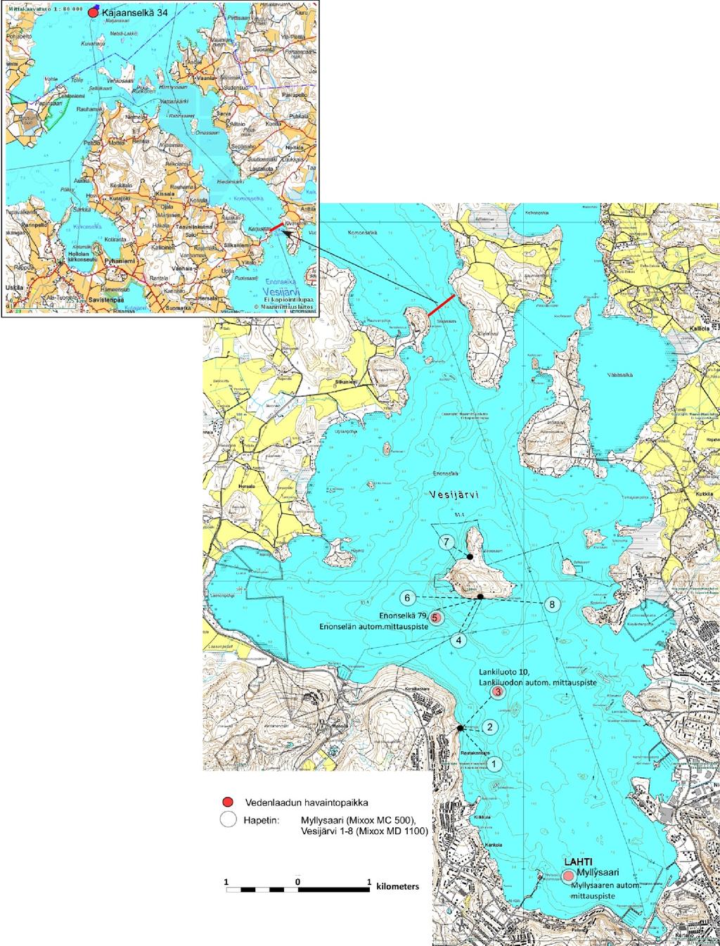 5 Kuva. Vesijärven hapetinlaitteiden, hapetinlaitteiden sähkökeskusten ja havaintopaikkojen (Huom!