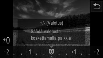 Kuvan kirkkaus (Valotuksen korjaus) Stillkuvat Kuvan kirkkauden säätäminen (Valotuksen korjaus) Videot Kameran asettamaa vakiovalotusta voi säätää 1/3 yksikön askelin alueella 2...+2.