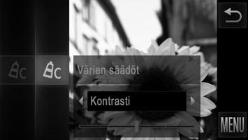 Väri ja jatkuva kuvaus Värien säädöt Valitse haluamasi kuvan kontrasti, terävyys, värikylläisyys, punainen, vihreä ja sininen väri sekä ihonvärit alueelta 1 5. 112 Jatkuva kuvaus Avaa asetusnäyttö.