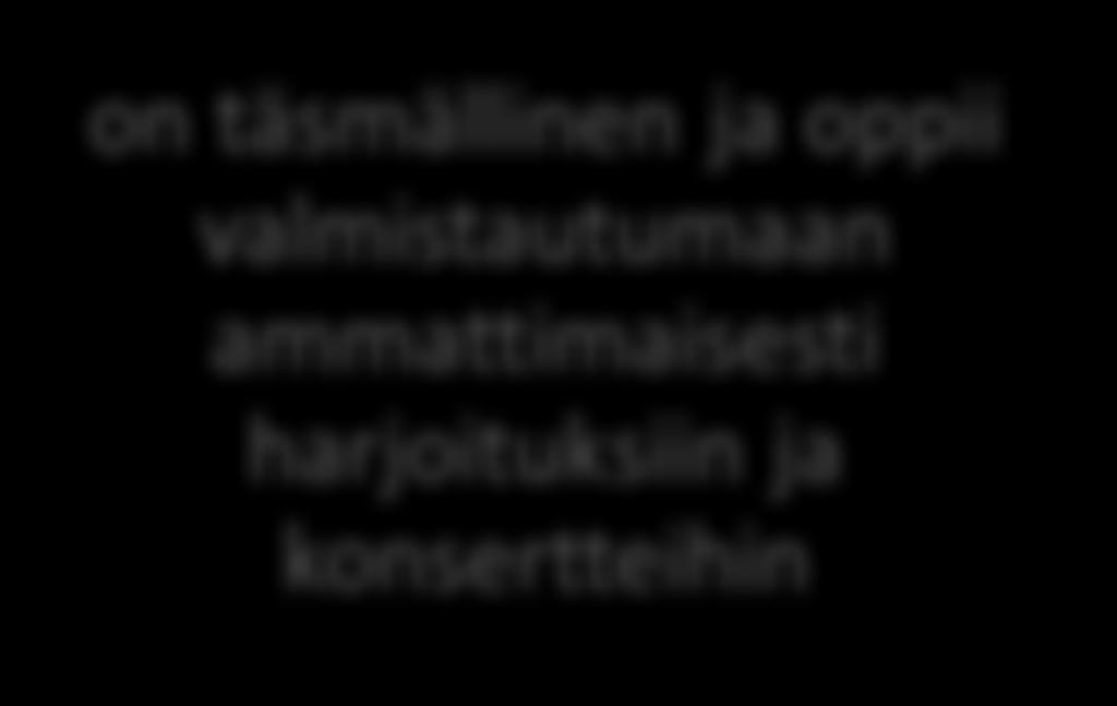 osaa musisoida maisteritasoisesti pääaineenaan orkesterisoitto taitaa orkesterisoiton vuorovaikutustaitoja on täsmällinen ja oppii valmistautumaan ammattimaisesti harjoituksiin ja konsertteihin