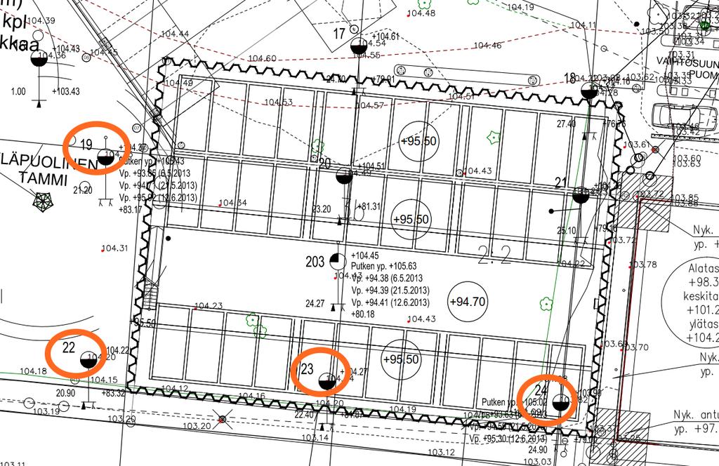 perusteella 2 metrin täyttökerroksen alla on noin 2 metrin löyhä kerros. Neljän tutkimuspisteen pk/0.2 m -määrien keskiarvo tässä kerroksessa oli noin 38.