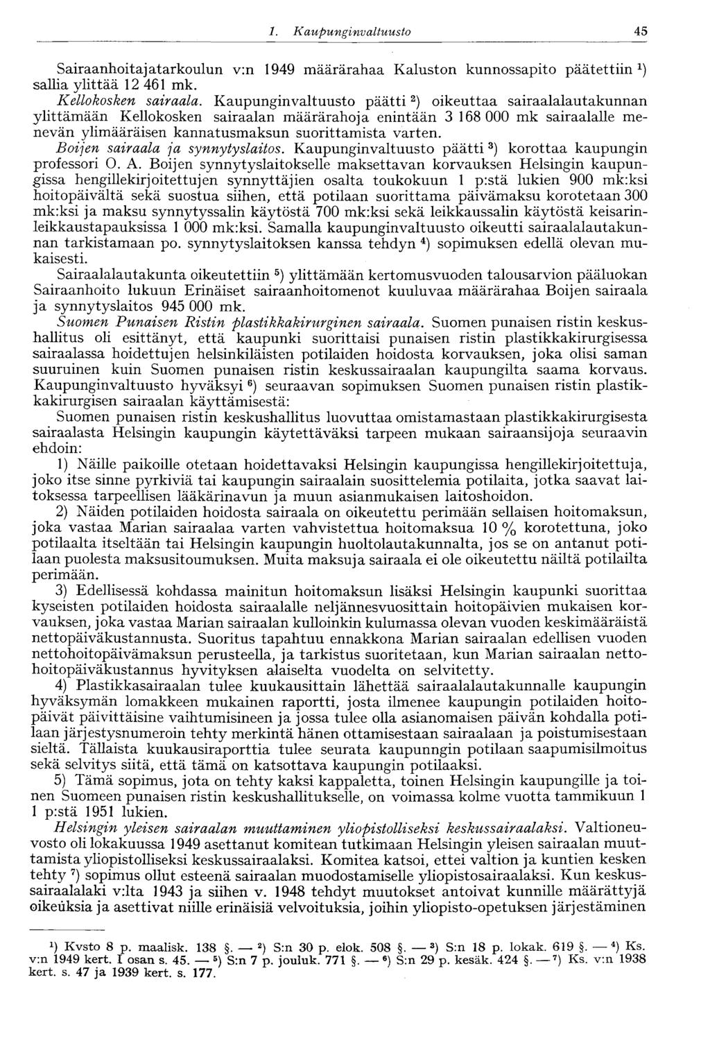 45 1. Kaupunginvaltuusto Sairaanhoitajatarkoulun v:n 1949 määrärahaa Kaluston kunnossapito päätettiin 1 ) sallia ylittää 12 461 mk. Kellokosken sairaala.