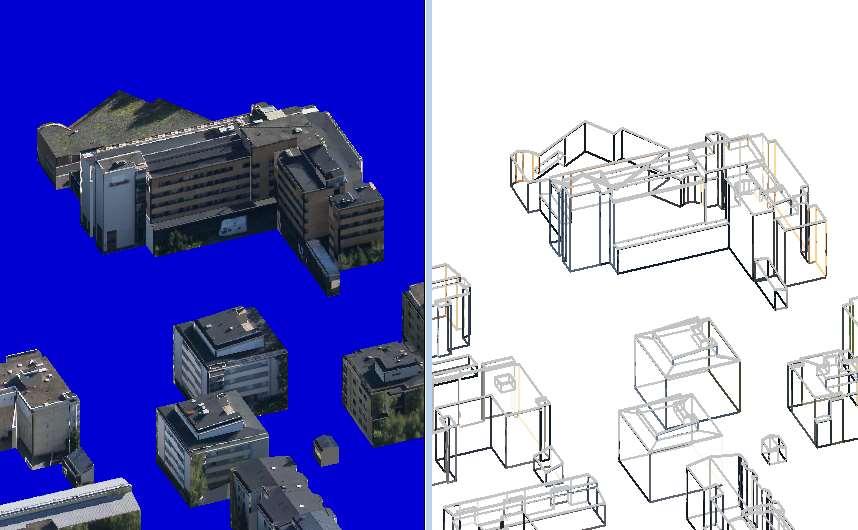 52 Kuvio 21. Teksturoitu rakennus sekä rakennuksen geometriamalli Ilmakuva-aineiston hyödyntämisen suuri haaste tekstuurien laatu.