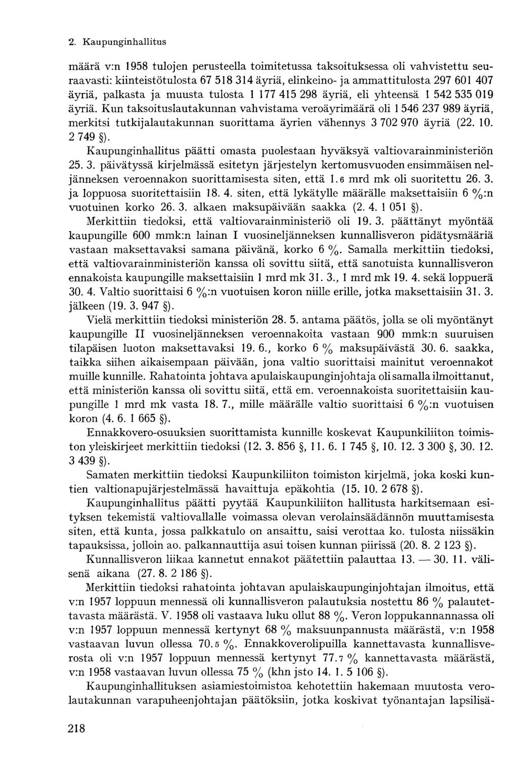 määrä v:n 1958 tulojen perusteella toimitetussa taksoituksessa oli vahvistettu seuraavasti: kiinteistötulosta 67 518 314 äyriä, elinkeino- ja ammattitulosta 297 601 407 äyriä, palkasta ja muusta