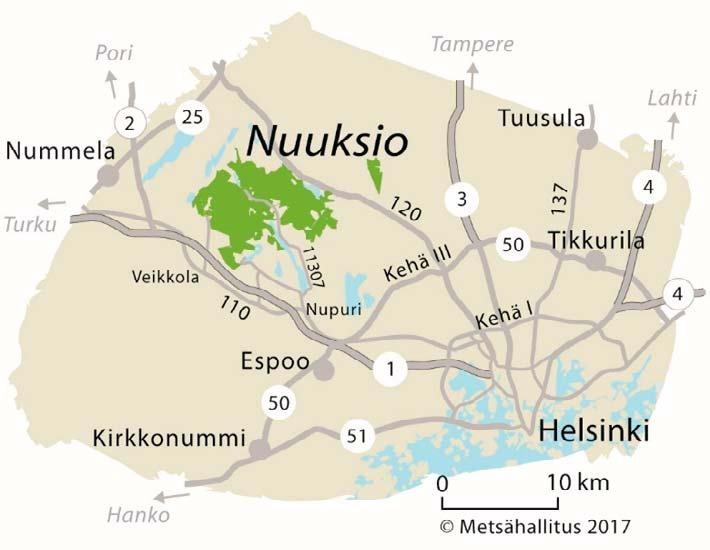 2 Kävijätutkimuksen toteutus 2.1 Alueen kuvaus Vuonna 1994 perustettu Nuuksion kansallispuisto sijaitsee Etelä-Suomen läänissä, Uudellamaalla.