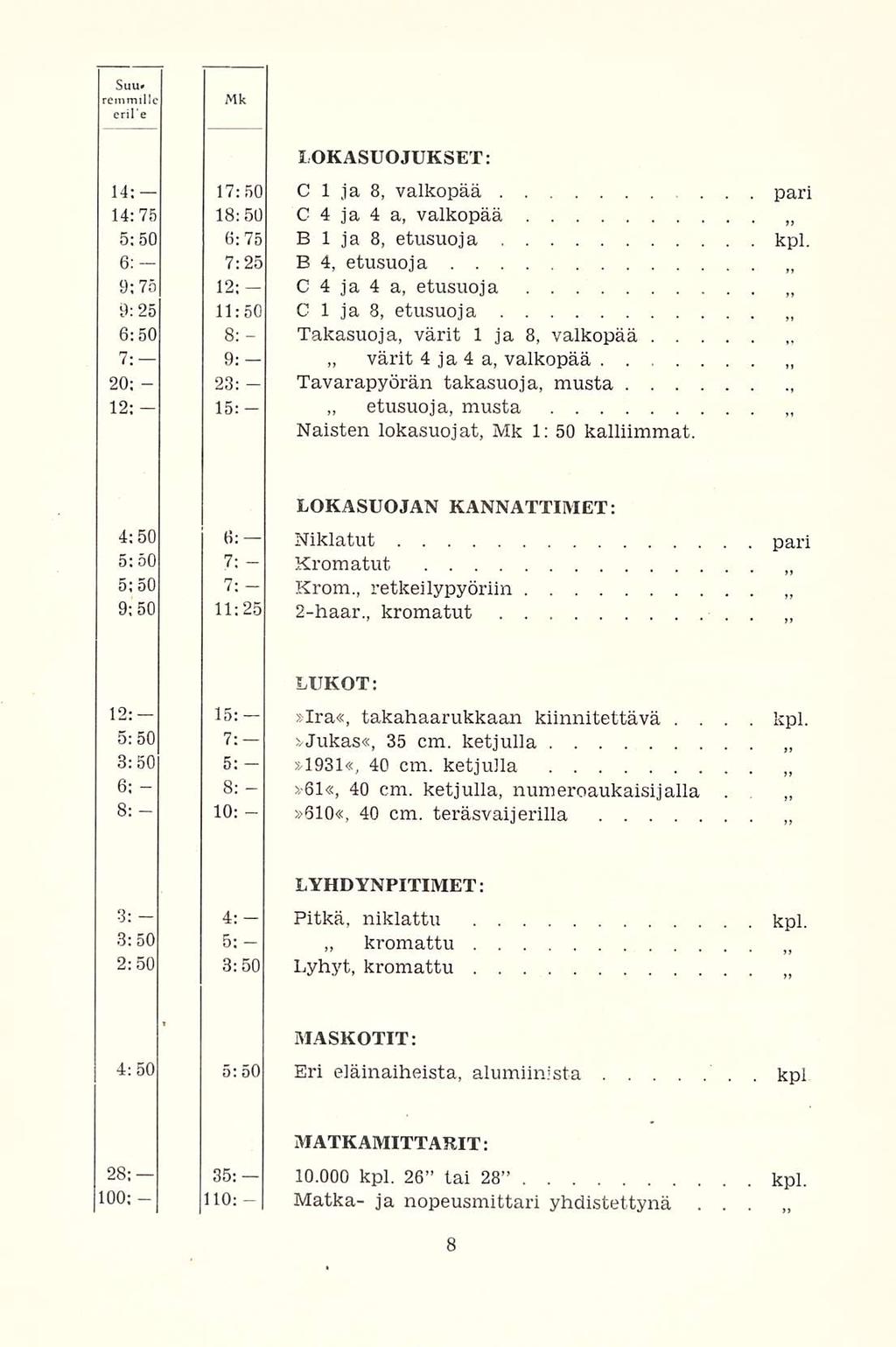 23; 8:»61«, etusuoja, kromattu eril'e LOKASUOJUKSET: 14: 17:50 Clja 8, valkopää pari 14:75 18:50 C4ja 4 a, valkopää 5:50 6:75 Blja 8, etusuoja kpl.