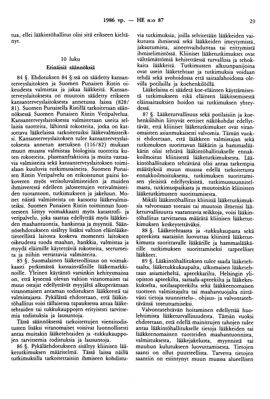 1986 vp. - HE n:o 87 29 tua, ellei lääkintöhallitus olisi sitä erikseen kieltänyt. 10 luku Erinäisiä säännöksiä 84.