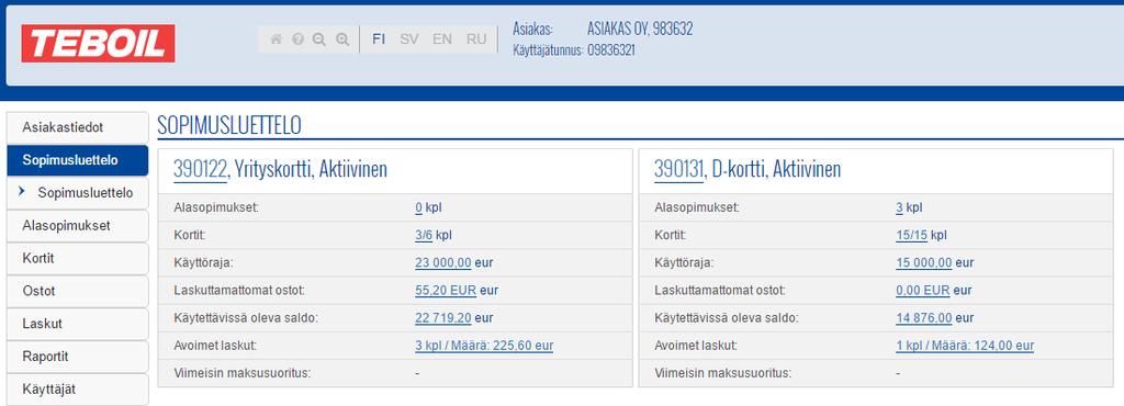 Sopimusluettelo + Asiakastasolla esitetään asiakkuuden kaikki sopimukset listana tai tiivistelmänä valikossa