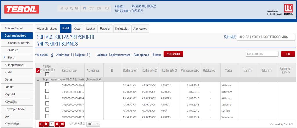 Korttihallinta + Valitse Ylävalikosta Kortit; + Korttilistaus näyttää korttien kokonaismäärän sekä aktiivisten ja suljettujen korttien määrät; + Korttilistaus voidaan lajitella sopimusnumeron,