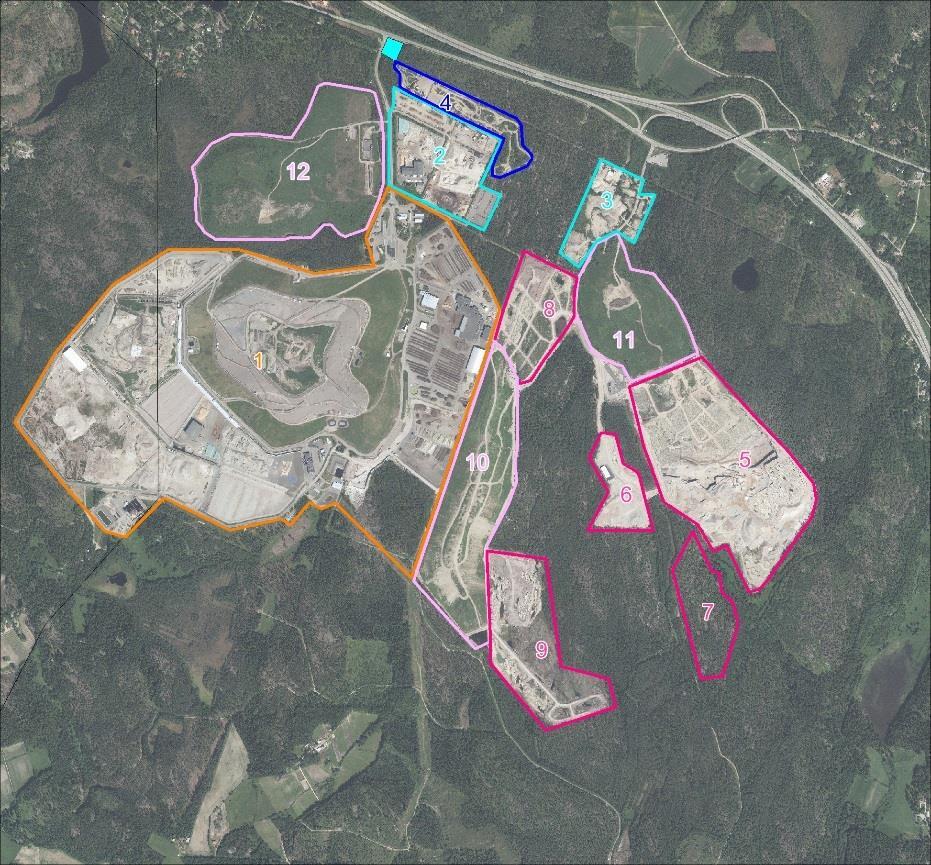 Nykyiset tai päättyneet toiminnot 1. Ämmässuon jätteenkäsittely- ja kiertotalouskeskus 2. Materiaalikierrätys, pienteollisuus 3. Kivenmurskaus, toiminta päättynyt 4.