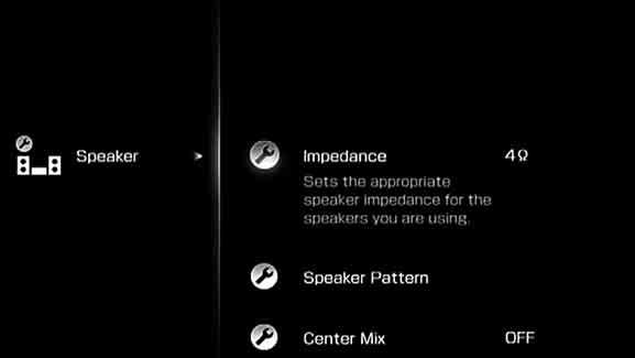 4 Valitse Speaker painamalla V/ v ja paina sitten tai b. Valikon sulkeminen Paina MENU. Huomautuksia Jos et ole varma kaiuttimien impedanssista, katso lisätietoja kaiuttimien käyttöohjeesta.