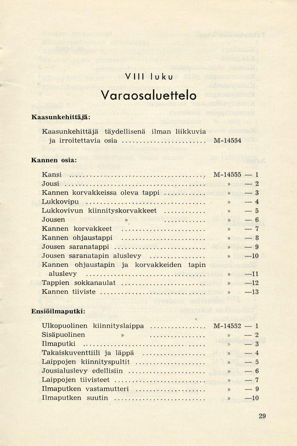 VIII luku Varaosaluettelo Ka asu 11 kehittäjä: Kaasunkehittäjä täydellisenä ilman liikkuvia ja irroitettavia osia M-14554 Kannen osia: Kansi M-14555 1 Jousi 2 Kannen korvakkeissa oleva tappi 3