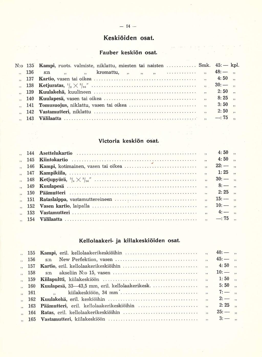 145 165 3: Keskiöiden osat. Fauber keskiön osat. N:o 135 Kampi, ruots. valmiste, niklattu, miesten tai naisten Smk.