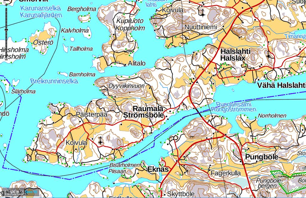 T201711 3 Kuva 1. Selvitysalue, noin 20 ha, sijoittuu Rungonsalmen pohjoiselle ranta-alueelle. Mittajana (500 m) on kartan alakulmassa. Lähde KTJ 2017 Maanmittauslaitos. P Kuva 2.