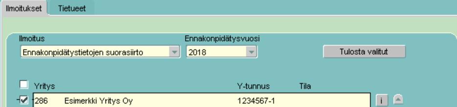 Palkanlaskenta Palkanlaskenta Ilmoitukset Valitaan ilmoitus Ennakonpidätysten suorasiirto. Ennakonpidätys vuodeksi valitaan alkava vuosi.