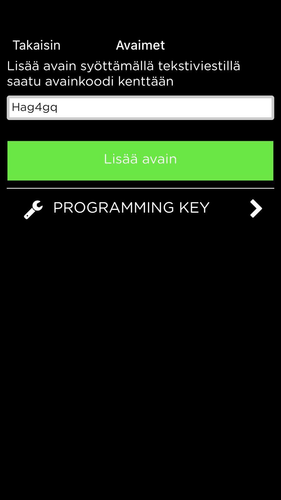 e-avain Programming key on annettu ja tässä esimerkissä annetaan e-avaimen koodia Avaimet on