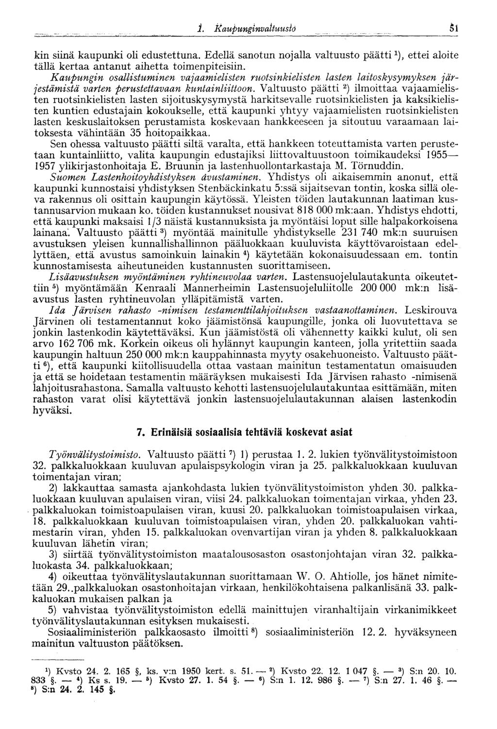 1. Kaupunginvaltuus to 51 kin siinä kaupunki oli edustettuna. Edellä sanotun nojalla valtuusto päätti 1 ), ettei aloite tällä kertaa antanut aihetta toimenpiteisiin.