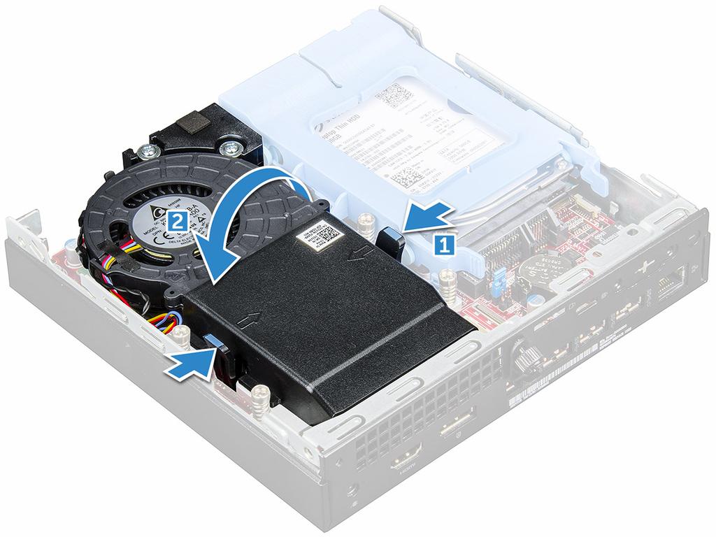Valinnaisen M.2 PCIe SSD -aseman asentaminen 1 Aseta M.2 PCIe SSD -asema liitäntään. 2 Kiinnitä M.2 PCIe SSD -asema painamalla sinistä kielekettä.