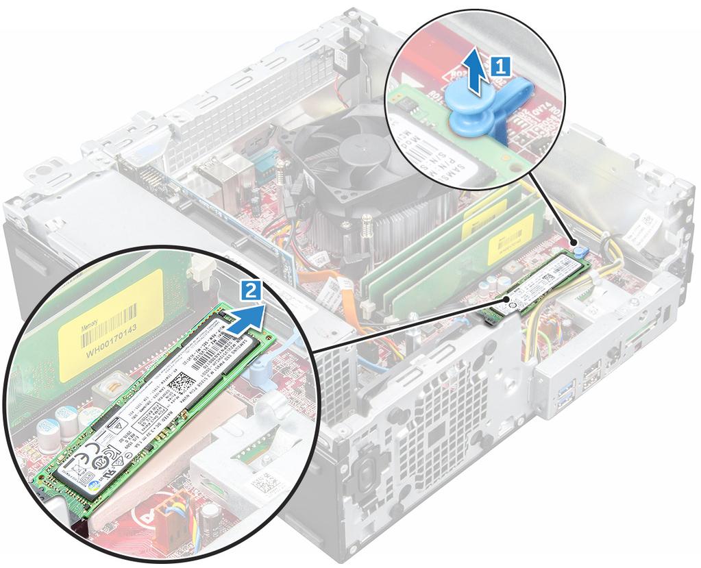 Valinnaisen M.2 PCIe SSD -aseman asentaminen 1 Aseta M.2 PCIe SSD -asema liitäntään. 2 Kiinnitä M.2 PCIe SSD -asema painamalla sinistä kielekettä.