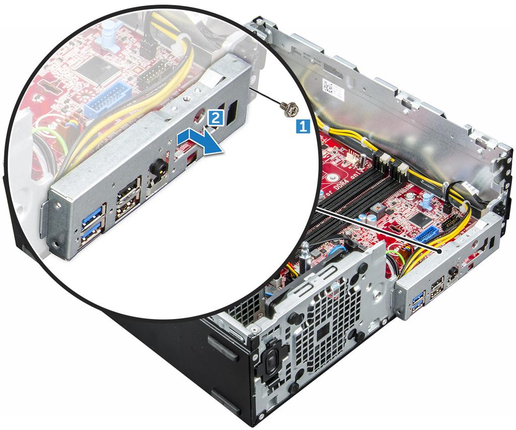 e f g h i j jäähdytyselementti suoritin laajennuskortti muistimoduuli M.2 PCIe SSD SD-kortinlukija 3 I/O-paneelin irrottaminen: a Irrota ruuvi, jolla I/O-paneeli on kiinni.