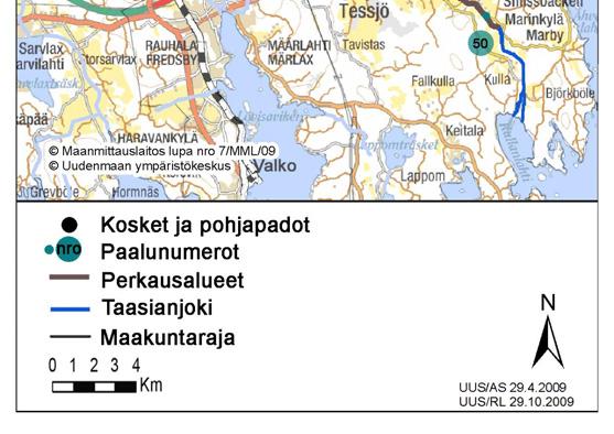 Taasianjoen keski- ja alajuoksulla toteutetun vesistötyön 1990-1997 perkausalueet ja rakennetut pohjapadot.