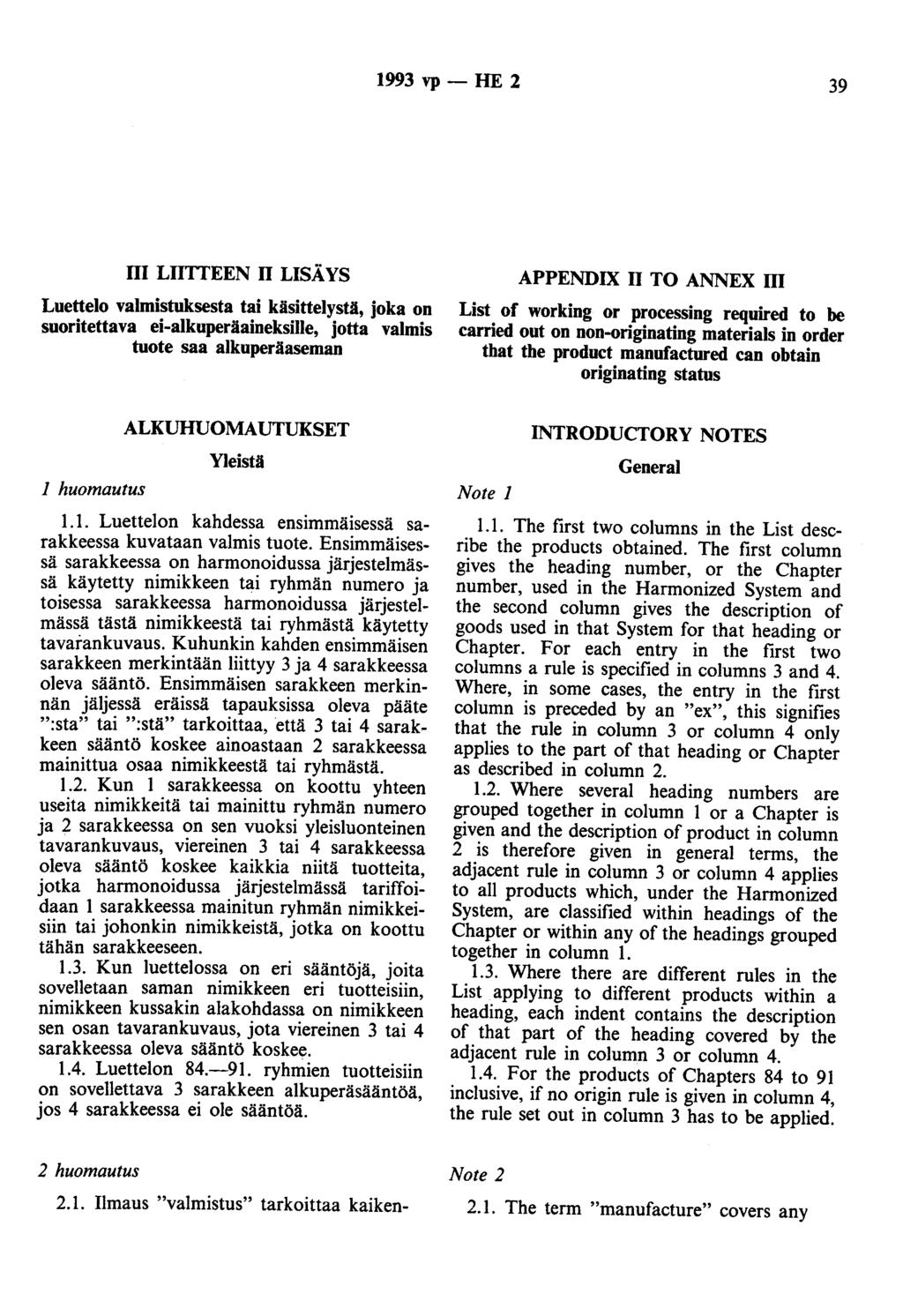 1993 vp - HE 2 39 III LimEEN II LISÄYS Luettelo valmistuksesta tai käsittelystä, joka on suoritettava ei-alkuperäaineksille, jotta valmis tuote saa alkuperäaseman APPENDIX II TO ANNEX III List of