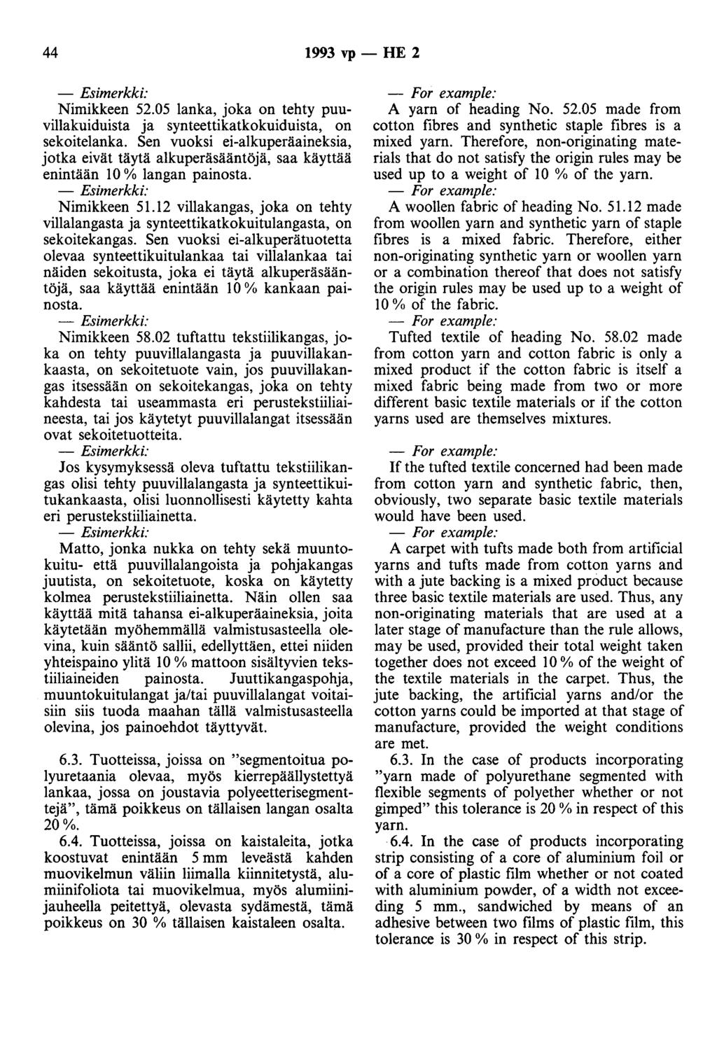 44 1993 vp- HE 2 - Esimerkki: Nimikkeen 52.05 lanka, joka on tehty puuvillakuiduista ja synteettikatkokuiduista, on sekoitelanka.