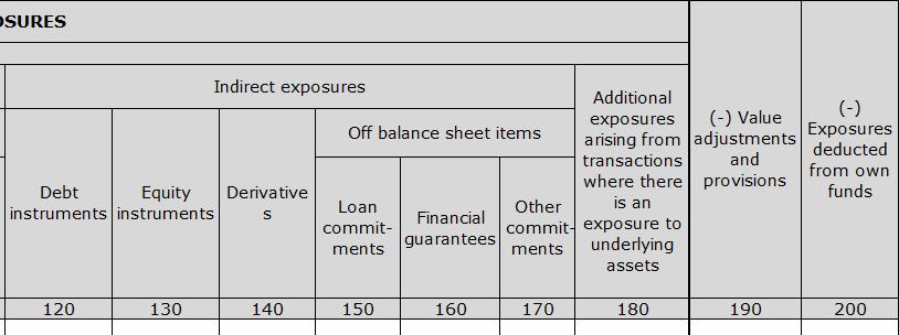 LE 2 (jatkuu) Indirect exposures: takaajan tai rahoitusvakuuden liikkeeseenlaskijan vastuuksi merkittävä vastuu, joka vähennetään velallisen vastuusta sarakkeissa 240 300 Debt instruments / equity