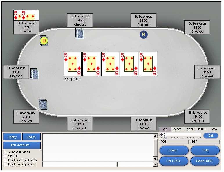 4 Käyttöliittymä 3 4. pelipöytä Kuva 9: Pelipöytä Kuvassa 9 on esitetty asiakasohjelmiston texas holdem pelipöydän alustava käyttöliittymähahmotelma.