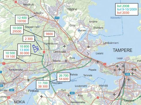 Hankealueella toimii vuoden 2030 ennusteessa Kolmenkulman yritysalue, mistä johtuen hankealueen katuverkon liikennemäärät kasvavat huomattavasti nykyisestä.