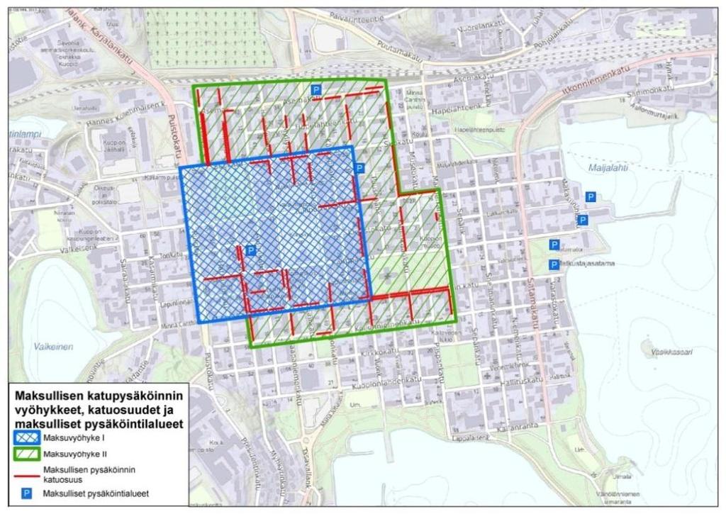 9 Kuva 2-8. Maksullisen kadunvarsipysäköinnin alue ja maksuvyöhykkeet sekä maksulliset pysäköintialueet. 2.2.3 Pysäköintitalot Kuopion keskusta-alueella on yhteensä 9 pysäköintitaloa tai liiketalojen yhteydessä sijaitsevaa vähintään 50 autopaikan pysäköintihallia tai -tilaa (taulukko 2-3).