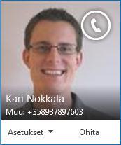 Lync-käyttöohje 10 (15) Puheluun vastaaminen Kun joku soittaa sinulle, näyttöön tulee ilmoitus. Jos Lync tunnistaa soittajan (esim.